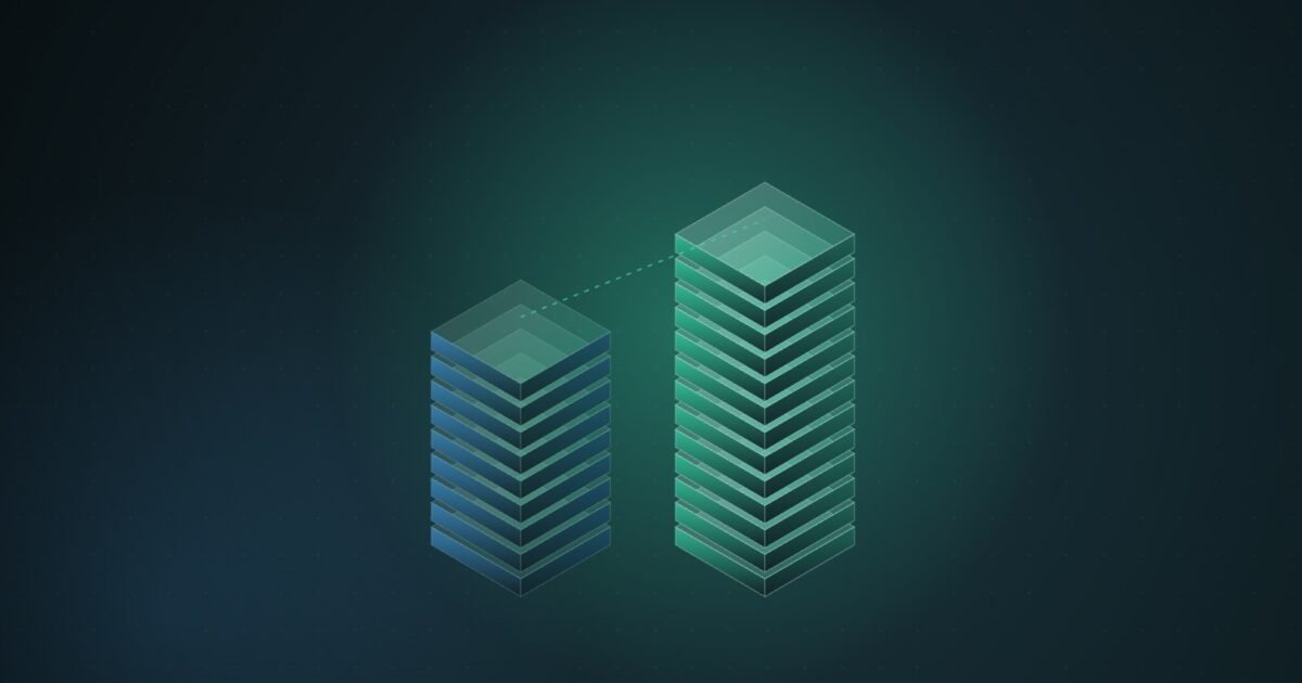 Abstract illustration of two isometric columns of stacked translucent slabs, the right column taller than the left, joined by a dashed rising line