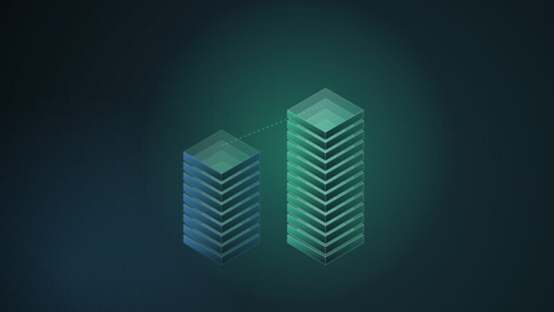 Abstract illustration of two isometric columns of stacked translucent slabs, the right column taller than the left, joined by a dashed rising line