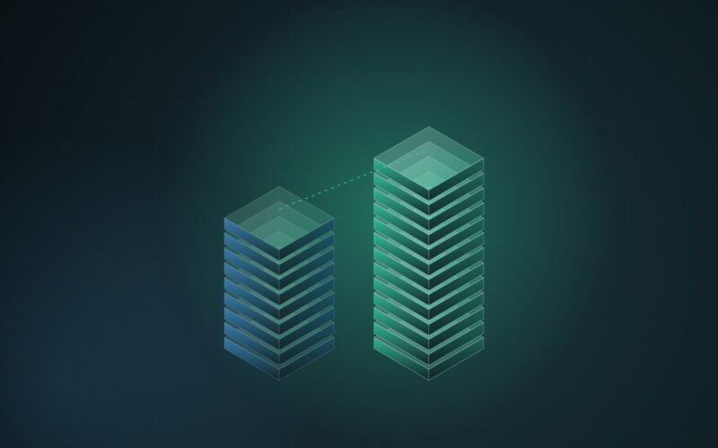 Abstract illustration of two isometric columns of stacked translucent slabs, the right column taller than the left, joined by a dashed rising line