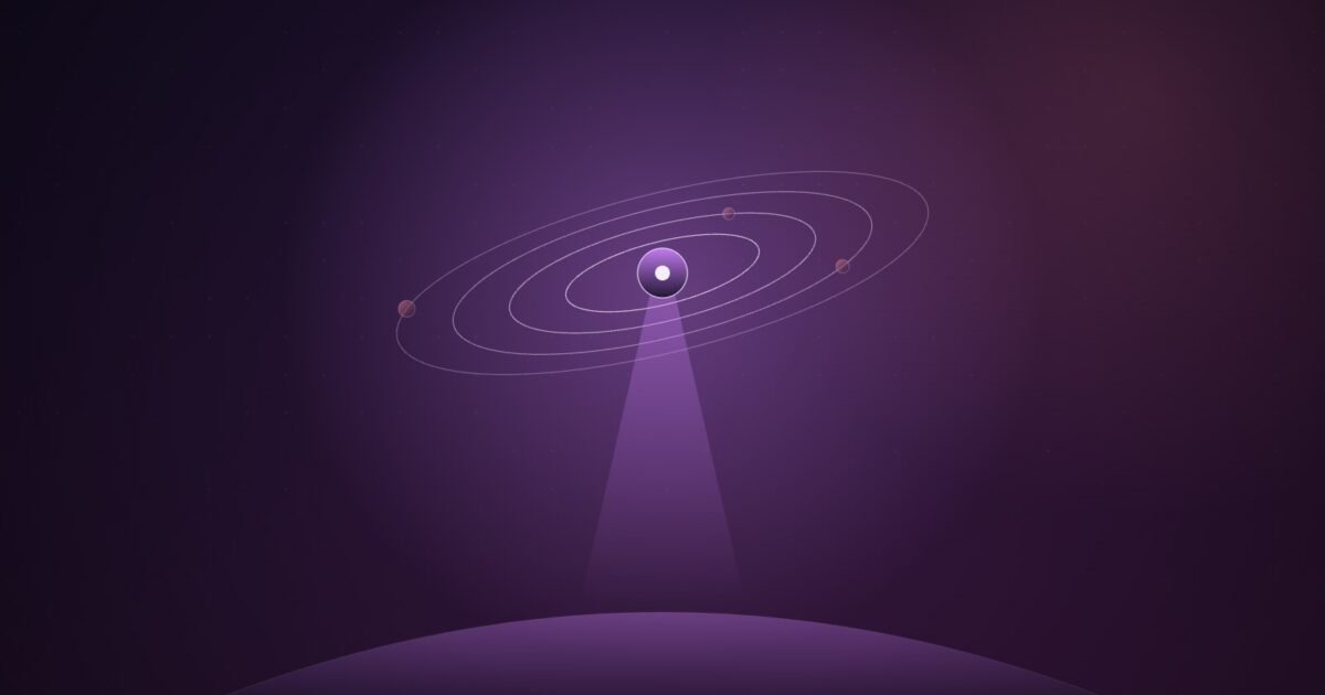 Abstract illustration of nested orbital rings in violet and coral around a bright node, with a thin beam of light angling down toward a curved horizon