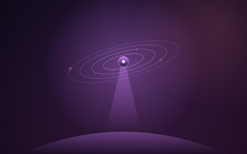 Abstract illustration of nested orbital rings in violet and coral around a bright node, with a thin beam of light angling down toward a curved horizon