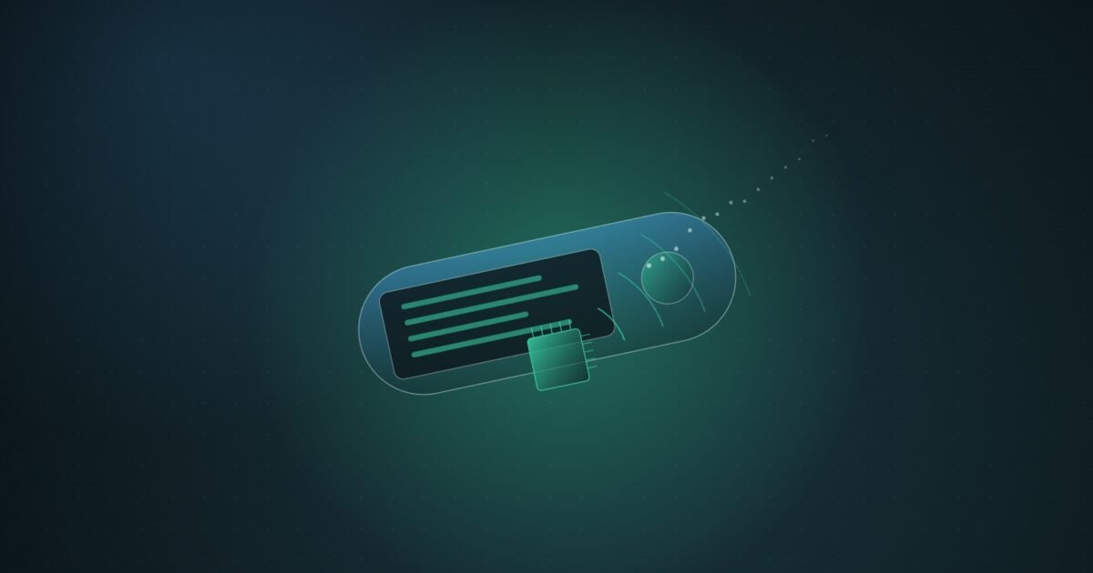 Abstract illustration of a slim hardware-wallet shape with a small foreign square lodged beneath its glowing screen, sending thin signal arcs outward, in teal and blue on a dark background
