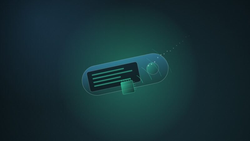 Abstract illustration of a slim hardware-wallet shape with a small foreign square lodged beneath its glowing screen, sending thin signal arcs outward, in teal and blue on a dark background