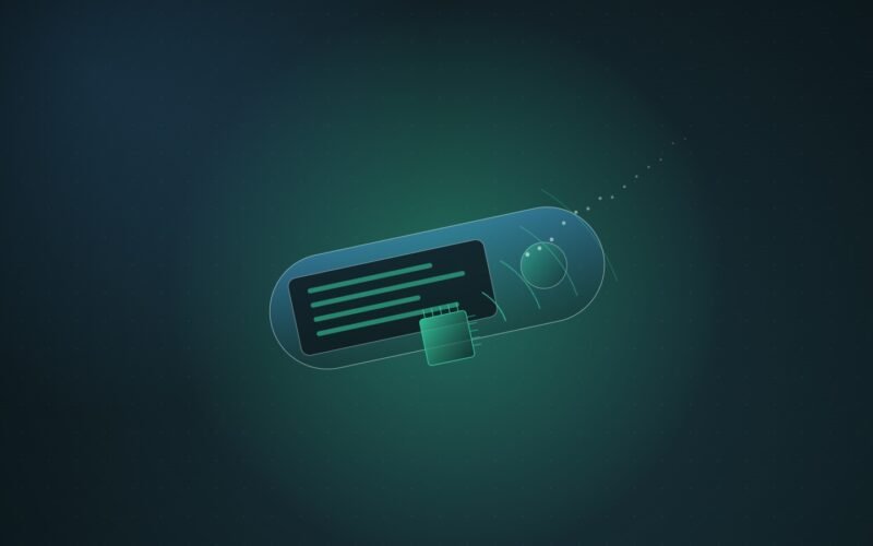 Abstract illustration of a slim hardware-wallet shape with a small foreign square lodged beneath its glowing screen, sending thin signal arcs outward, in teal and blue on a dark background