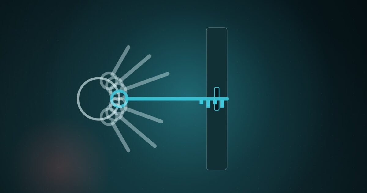 Illustration: a ring of keys where only one full-length key fits through a narrow slot.