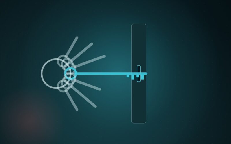 Illustration: a ring of keys where only one full-length key fits through a narrow slot.