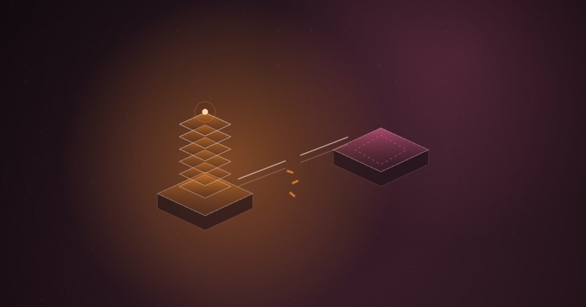 Abstract illustration of two isometric platforms joined by a bridge that breaks in the middle, with a stack of glowing orange tiles rising on the left platform, on a dark plum gradient