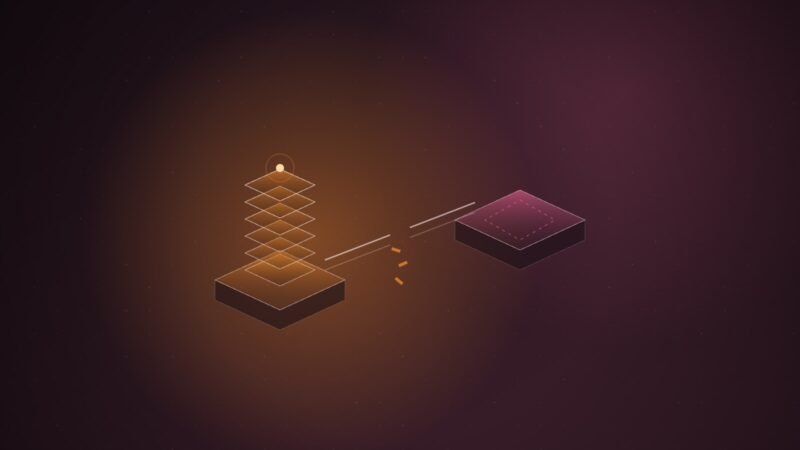Abstract illustration of two isometric platforms joined by a bridge that breaks in the middle, with a stack of glowing orange tiles rising on the left platform, on a dark plum gradient