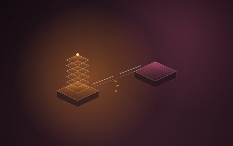 Abstract illustration of two isometric platforms joined by a bridge that breaks in the middle, with a stack of glowing orange tiles rising on the left platform, on a dark plum gradient