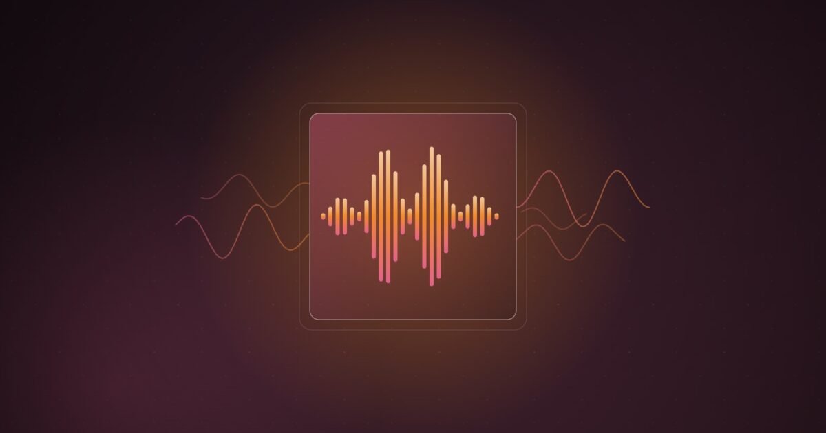Abstract illustration of a short sound waveform sealed inside a glowing square frame, with fainter waveforms slipping away on either side, on a dark plum gradient