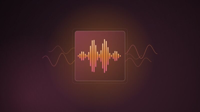 Abstract illustration of a short sound waveform sealed inside a glowing square frame, with fainter waveforms slipping away on either side, on a dark plum gradient
