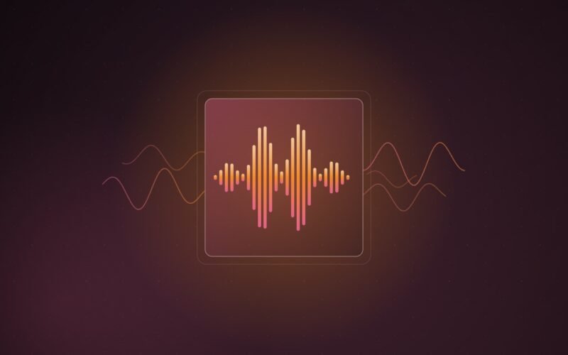 Abstract illustration of a short sound waveform sealed inside a glowing square frame, with fainter waveforms slipping away on either side, on a dark plum gradient