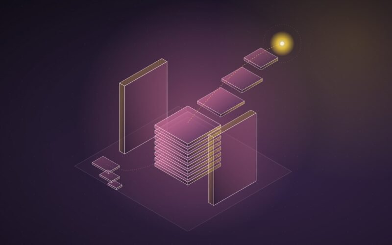 Abstract illustration: a stack of thin wafers squeezed between two slabs