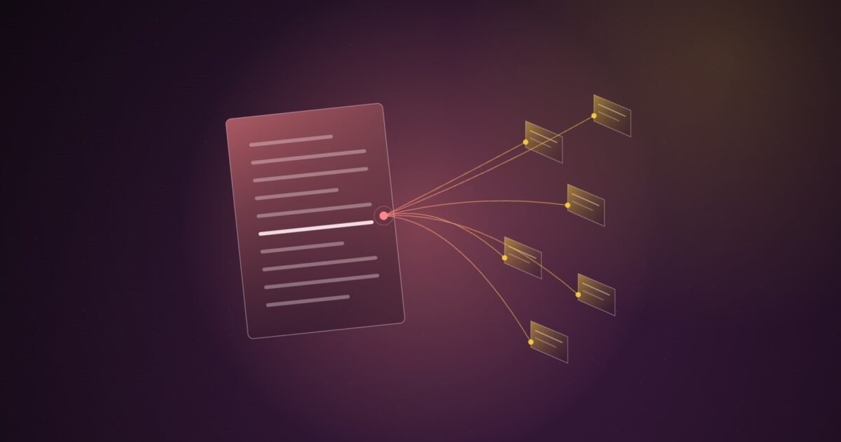 Abstract illustration of a contract page whose lines extend into crawler threads that reach a cluster of website panels, in coral and yellow on a dark plum background