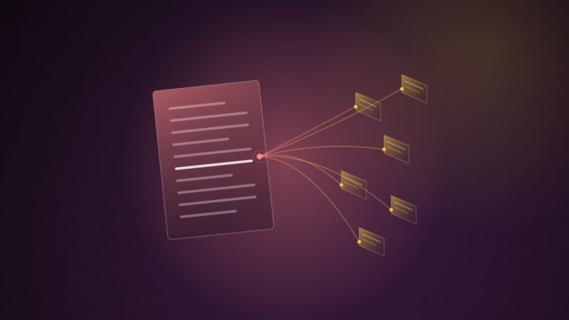 Abstract illustration of a contract page whose lines extend into crawler threads that reach a cluster of website panels, in coral and yellow on a dark plum background