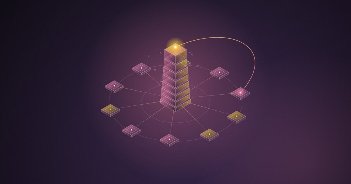 Abstract illustration: a glowing tower fed by a ring of tiles that loops back into itself
