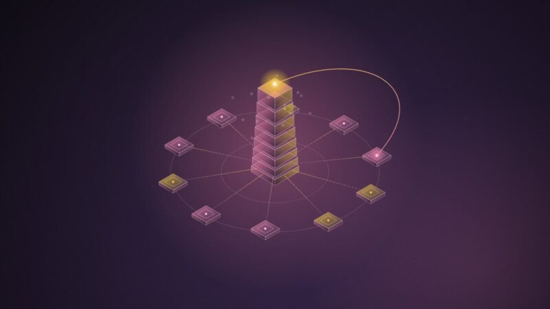 Abstract illustration: a glowing tower fed by a ring of tiles that loops back into itself
