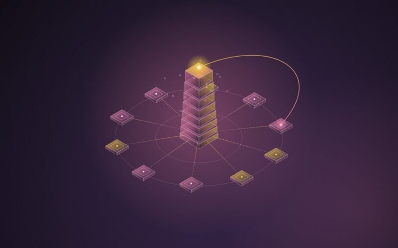 Abstract illustration: a glowing tower fed by a ring of tiles that loops back into itself