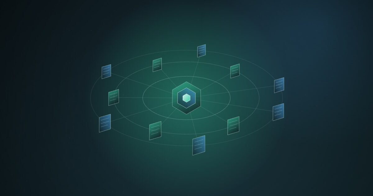 Abstract illustration of a glowing hexagonal node at the centre of elliptical orbits, tethered by thin lines to a ring of small tilted document pages, on a dark teal background.