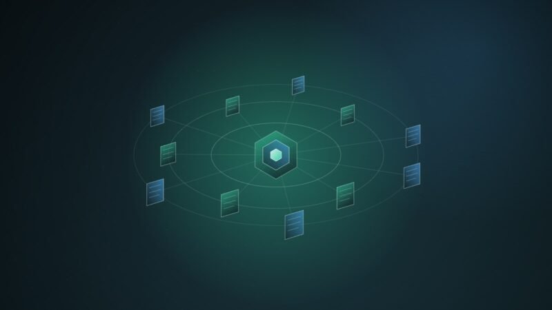 Abstract illustration of a glowing hexagonal node at the centre of elliptical orbits, tethered by thin lines to a ring of small tilted document pages, on a dark teal background.