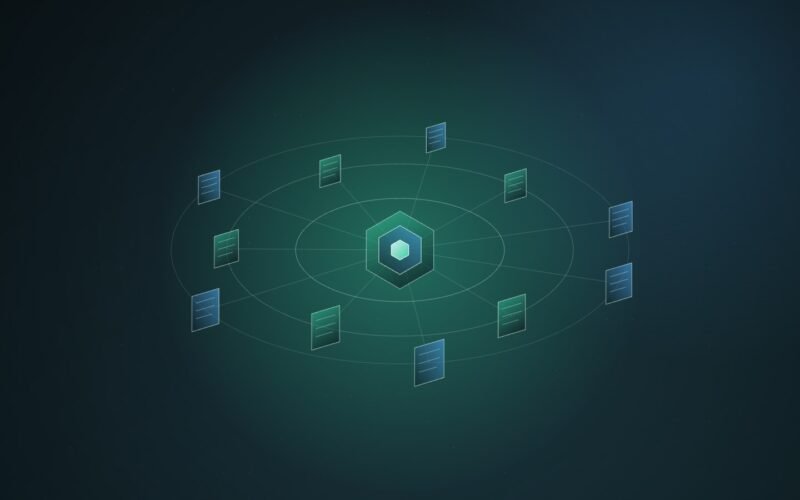 Abstract illustration of a glowing hexagonal node at the centre of elliptical orbits, tethered by thin lines to a ring of small tilted document pages, on a dark teal background.
