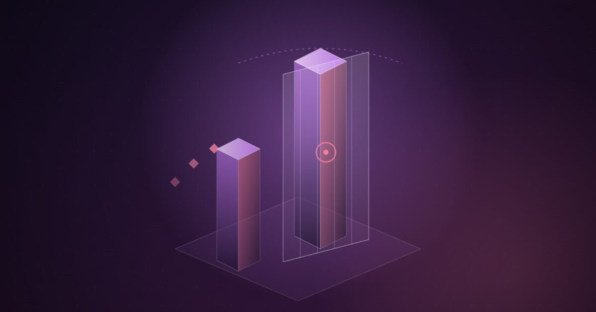 Abstract illustration of a tall glowing violet column behind a translucent gate, with a shorter column standing outside it, on a dark plum background