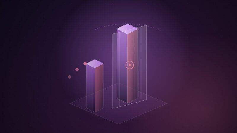 Abstract illustration of a tall glowing violet column behind a translucent gate, with a shorter column standing outside it, on a dark plum background