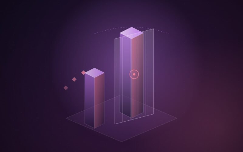 Abstract illustration of a tall glowing violet column behind a translucent gate, with a shorter column standing outside it, on a dark plum background