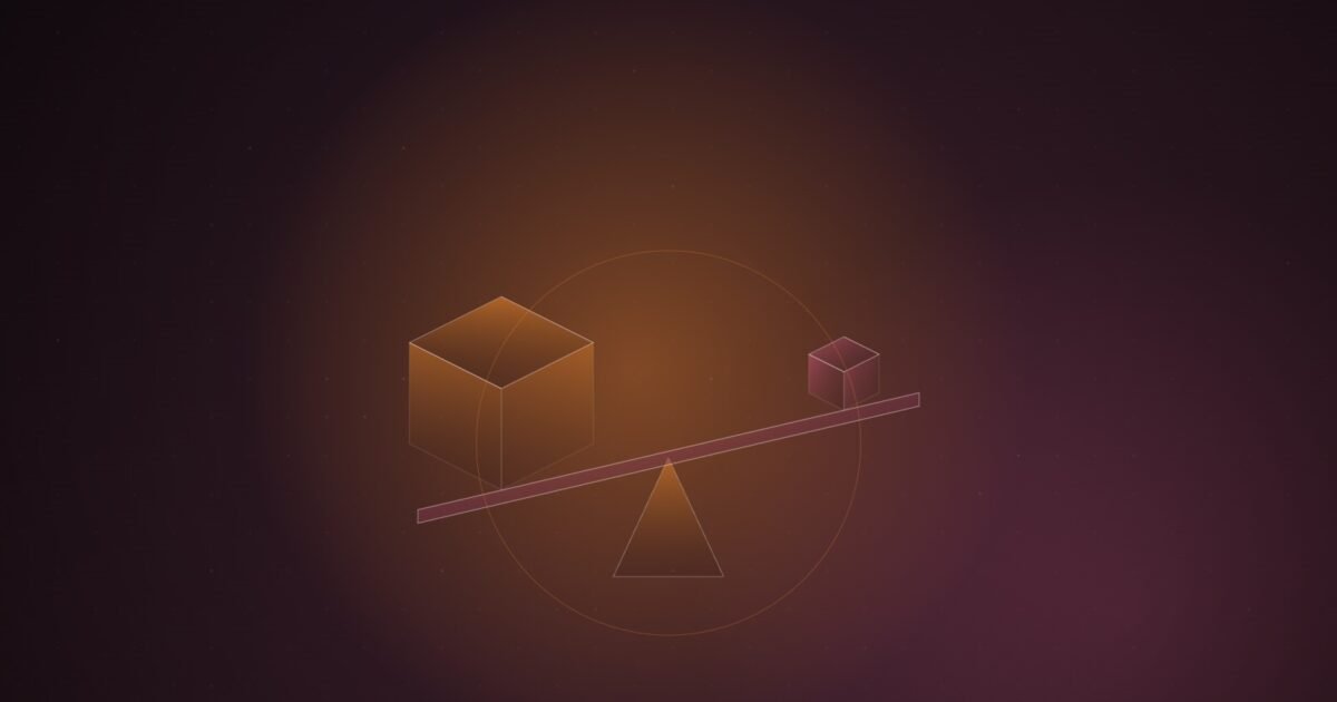 Abstract illustration of a large orange isometric cube weighing down one end of a tilted beam on a triangular fulcrum, with a small pink cube lifted at the other end