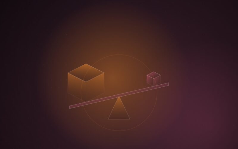 Abstract illustration of a large orange isometric cube weighing down one end of a tilted beam on a triangular fulcrum, with a small pink cube lifted at the other end