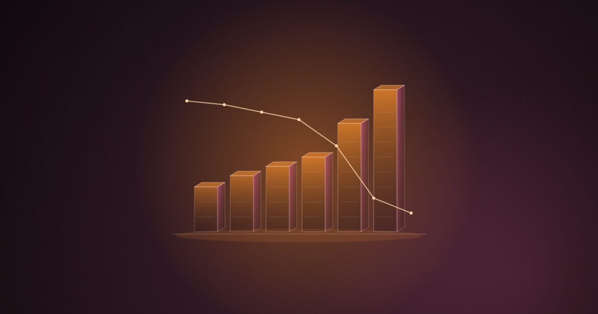 Abstract illustration of ascending isometric columns crossed by a thin falling line, in orange and pink on a dark wine background