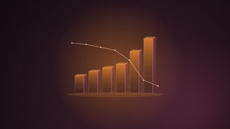 Abstract illustration of ascending isometric columns crossed by a thin falling line, in orange and pink on a dark wine background