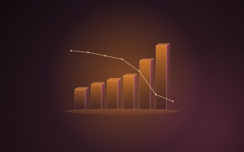 Abstract illustration of ascending isometric columns crossed by a thin falling line, in orange and pink on a dark wine background