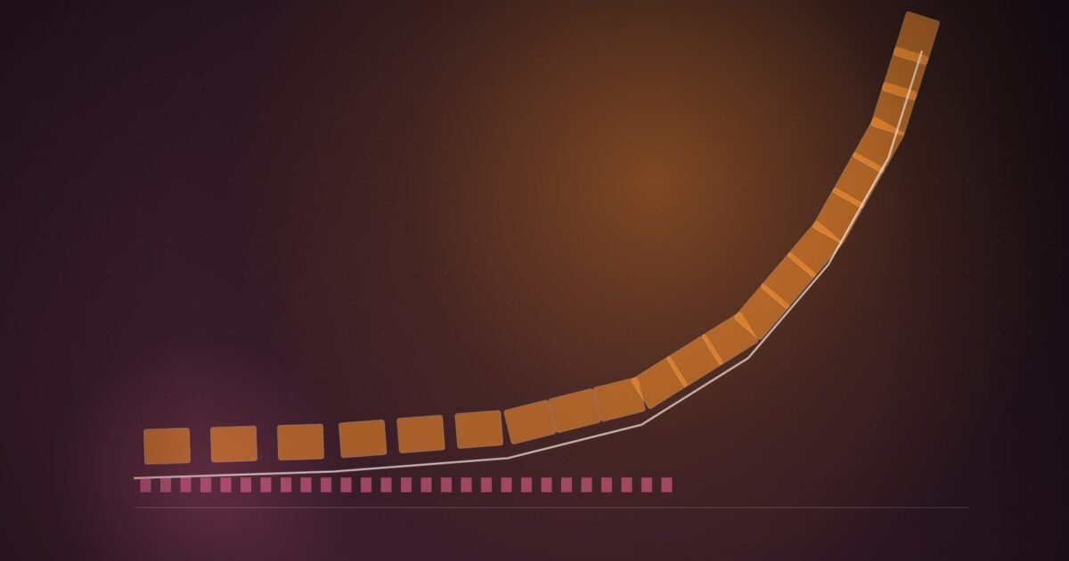 Illustration: memory chips arranged along a hockey-stick growth curve.