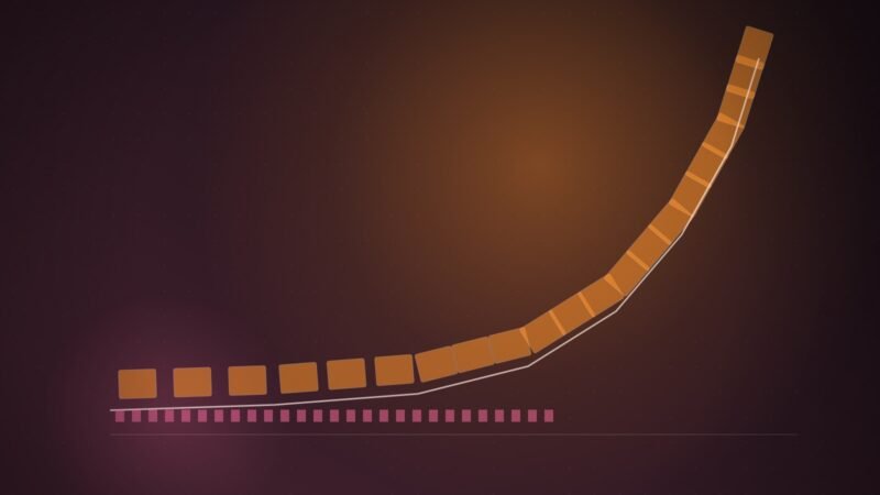Illustration: memory chips arranged along a hockey-stick growth curve.