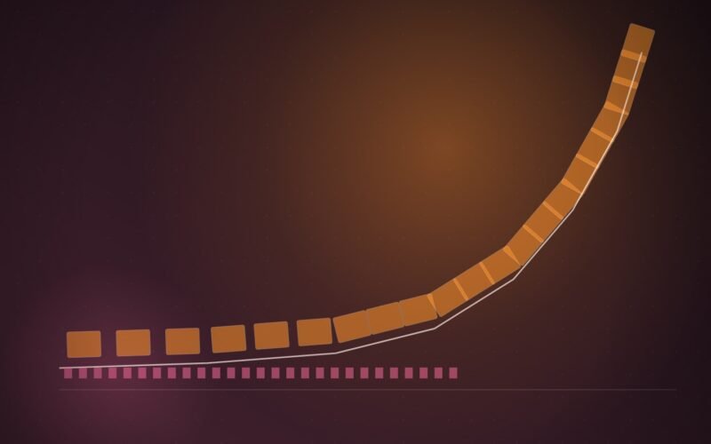 Illustration: memory chips arranged along a hockey-stick growth curve.