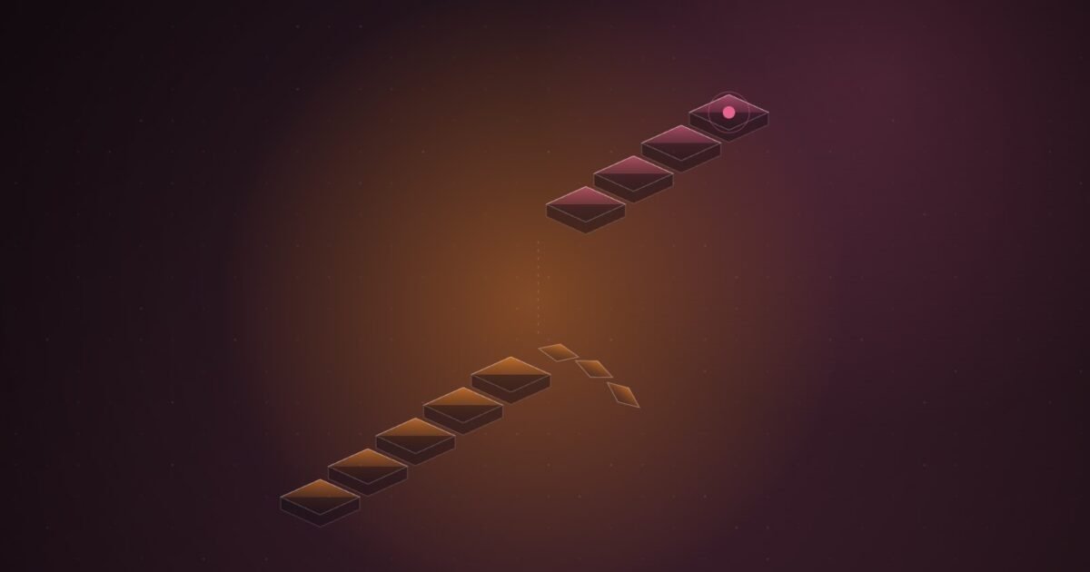 Abstract illustration of a glowing orange path of stepping stones that breaks off midway, with a separate pink path starting on a higher ledge to the north, on a dark plum gradient
