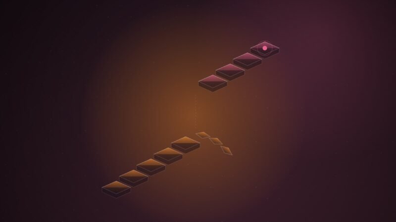 Abstract illustration of a glowing orange path of stepping stones that breaks off midway, with a separate pink path starting on a higher ledge to the north, on a dark plum gradient