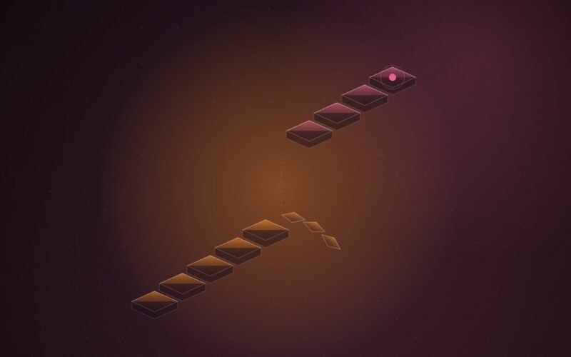 Abstract illustration of a glowing orange path of stepping stones that breaks off midway, with a separate pink path starting on a higher ledge to the north, on a dark plum gradient