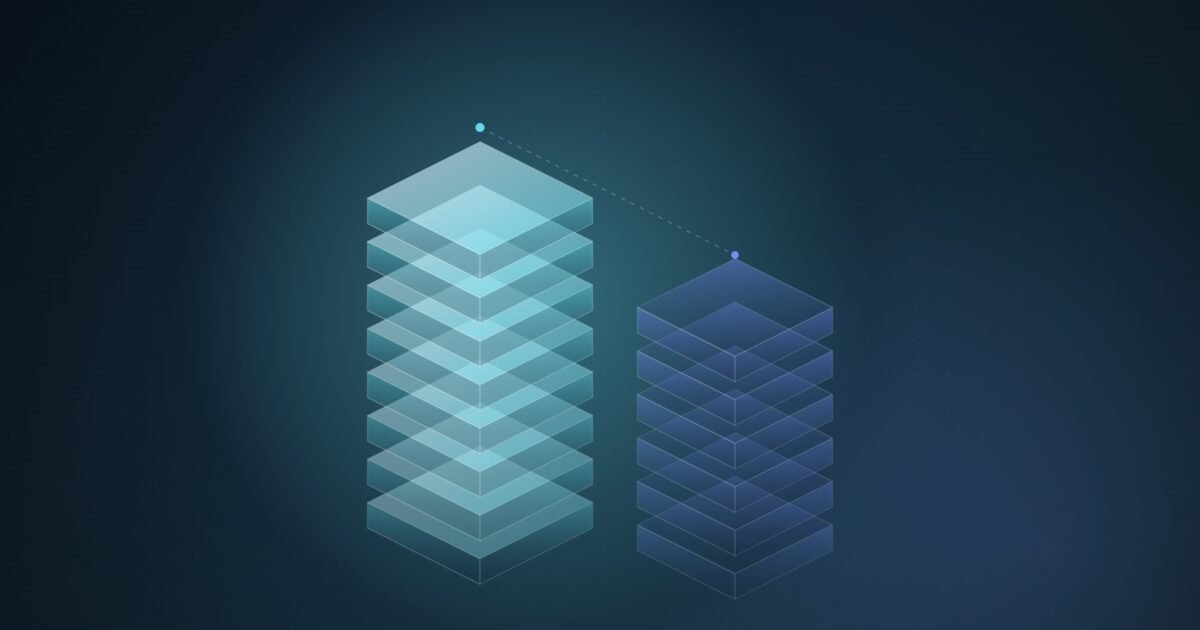 Abstract illustration of a tall stack of translucent teal isometric layers beside a shorter blue stack, joined by a dotted line, on a dark navy background