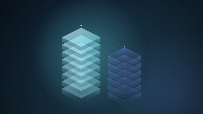 Abstract illustration of a tall stack of translucent teal isometric layers beside a shorter blue stack, joined by a dotted line, on a dark navy background