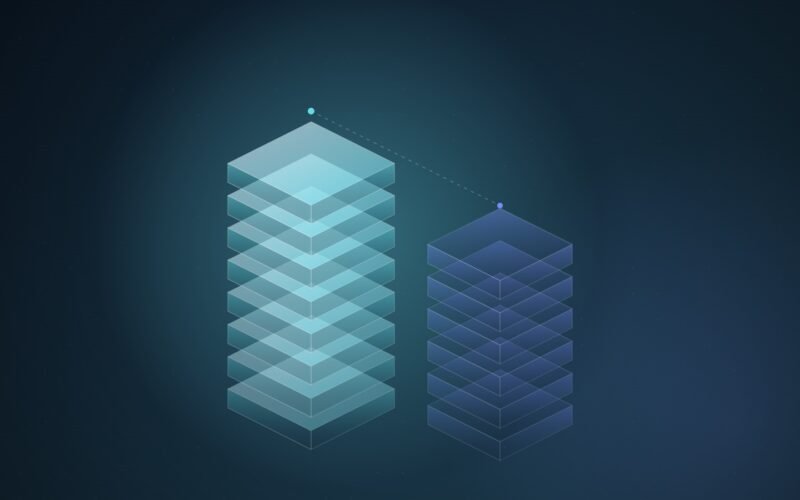 Abstract illustration of a tall stack of translucent teal isometric layers beside a shorter blue stack, joined by a dotted line, on a dark navy background