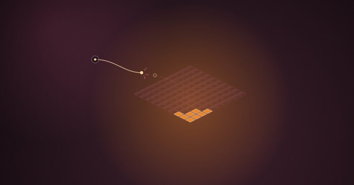 Abstract illustration of an isometric grid of tiles, mostly dark with a small lit cluster, beside a broken power line, in orange and pink on a dark wine background
