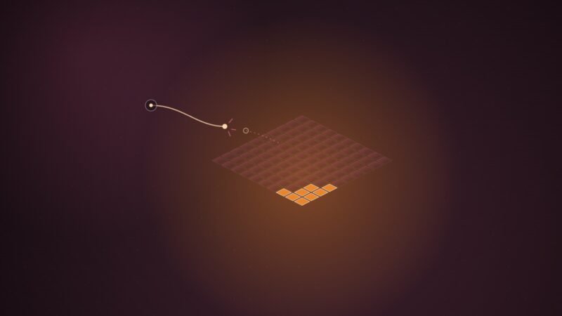 Abstract illustration of an isometric grid of tiles, mostly dark with a small lit cluster, beside a broken power line, in orange and pink on a dark wine background
