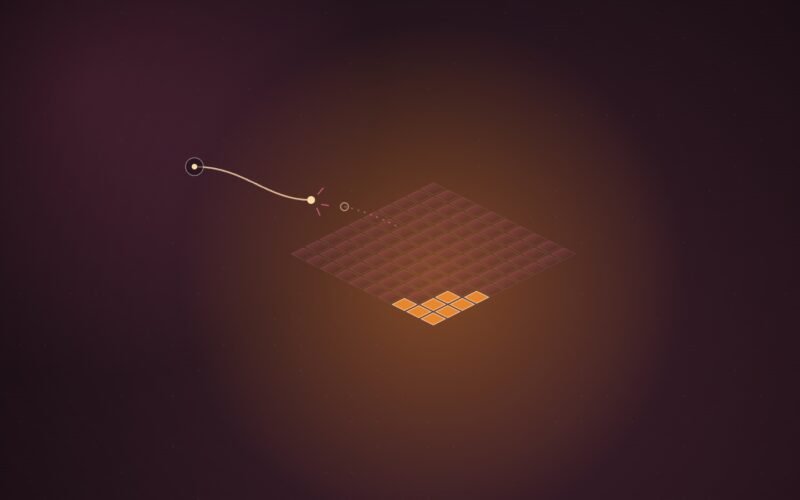 Abstract illustration of an isometric grid of tiles, mostly dark with a small lit cluster, beside a broken power line, in orange and pink on a dark wine background