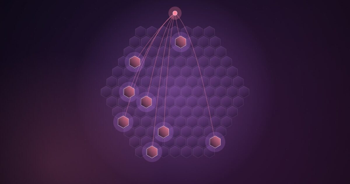 Abstract illustration of a large honeycomb of dim violet hexagons with a few glowing pink cells, each linked by curved lines to a single bright point above