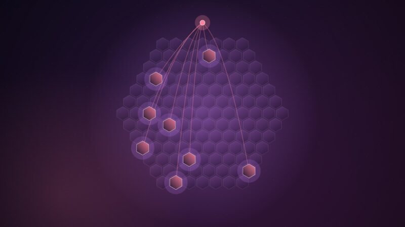 Abstract illustration of a large honeycomb of dim violet hexagons with a few glowing pink cells, each linked by curved lines to a single bright point above
