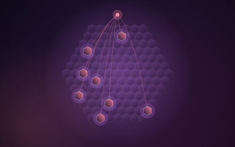 Abstract illustration of a large honeycomb of dim violet hexagons with a few glowing pink cells, each linked by curved lines to a single bright point above