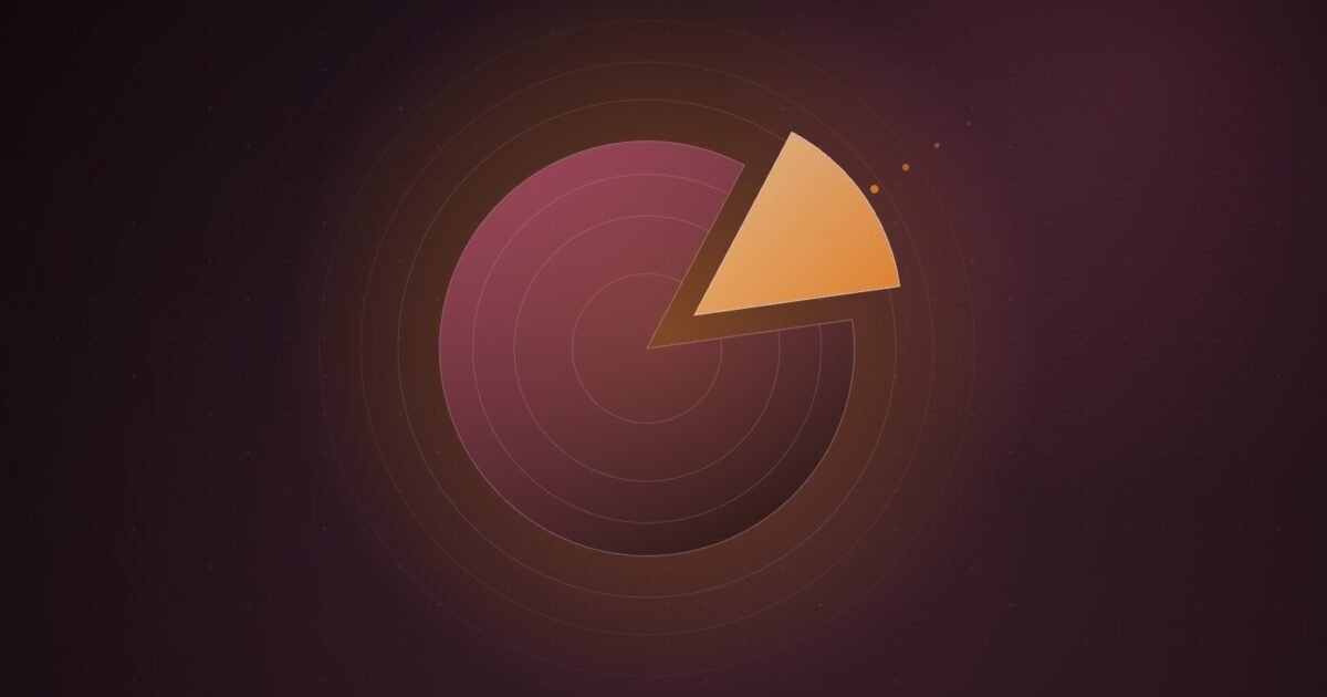 Abstract illustration of a glowing disc with a 15 per cent wedge lifted out and drifting away, on a dark plum gradient with a faint dot grid