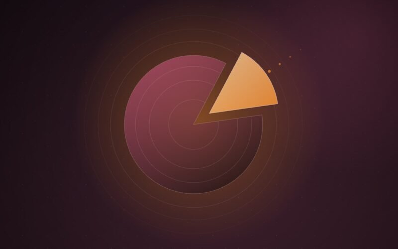 Abstract illustration of a glowing disc with a 15 per cent wedge lifted out and drifting away, on a dark plum gradient with a faint dot grid